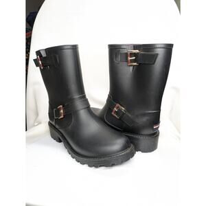Tommy Hilfiger Rain Boots Womens Sz 10 Black Dew Moto Buckle Biker Grunge Goth